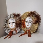 Vtg Pair Of Wall Hanging Face Mask 5x4 Hand Painted Ceramic Porcelain Mardi Gras