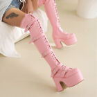 Women Thigh High Boots Chunky Heel Buckle Strap Long Boots Cosplay Platform Shoe