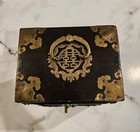 Antique Chinese Jewelry Box Cabinet Ornate Brass Jade Inlay Stone  with Issues 