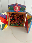 Vintage Peruvian Folk Art Retablo Ceramic Hand Painted Praying In Wood Box