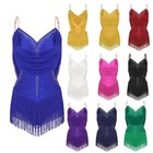 Us Women s Rhinestone Latin Dance Costume Ruched Mesh Tassel Jazz Dance Bodysuit