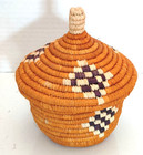 Coiled Basket   Lid 6 hand Woven Neutral Warm Orange Brown Ethnic Farm Senegal