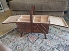 Vintage Mcm Dovetail Wood Accordion Fold Out Handled Sewing Box Chest W  Legs