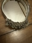 Vintage Oval Mirrored Vanity Tray Silver Tone Pierced Metal    Rose Flower Handles