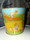 1940s J  Chein   Co Rabbits Chicks At Play Anthropomorphic Sand Pail Bucket Vtg