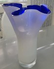 Mid-century Hankerchief Glass Vase Milky White With Cobalt Blue Inside