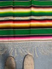 Vtg Mexican Saltillo Serape Fringed Throw Blanket 34 X 68 Wool Green ombre