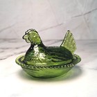 Indiana Style Glass Mini Hen On Nest Chicken Salt Dish  Olive Green  Vtg Style