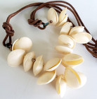 Vintage Beige Seashell Bead Cluster Necklace Brown Leather Cord Max Length 29 