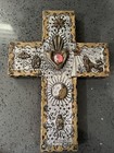 Vtg Mexican Tin Embossed   Wood Retablo Cross W  Milagros 10    Signed Ernesto E 