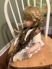Porcelain Baby Doll Blonde Curly Hair White Outfit Brown Scarf - Vintage 