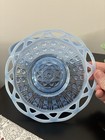 Fenton Blue Milk Glass Round Pedestal Cake Stand With Openwork Lace Edge  1 Pc