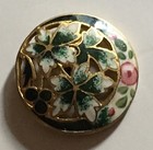 Antique French Champleve Enamel Button Green Floral Pierced Hand Painted Rose