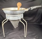 Vtg No8 Aluminum Wear-ever Sieve Cone Strainer Wood Pestle W  Stand Canning 3 Pc