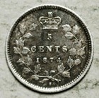 1874 Plain 4 Canada Silver 5 Cents  lower Almost Unc  