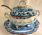 Antique Adams Pottery 18c--early 19c Small Tureen With Ladle Cattle Scenery Blue