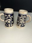 Pair Of Small Vintage German Beer Steins Cobalt Blue And Beige Ceramic Pottery 4