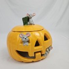 Ceramic Pumpkin Candle Holder W mice Vintage Halloween Jack O Lantern 