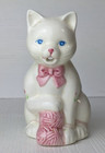 Vintage Ceramic Creamer China Figurine Small Kitty Cat W ball Of Yarn White Pink