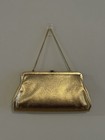 Vintage 1960s Gold Metallic Clutch Bag Rhinestone Flower Clasp Chain Strap