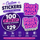 100 Custom 2  Die Cut Stickers   Upload Your Logo   Waterproof Vinyl Decals