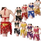 Womens Belly Dance Costume Tassel Halter Lace-up Crop Top Hip Scarf Waist Skirt