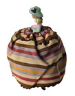 Vintage Porcelain Half Doll Pin Cushion  Striped Skirt 4 5  Tall