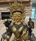 Tibetan Green Tara Bronze Statue Gilt 8 5  Nepalese Buddhist Double Dorje Base