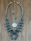 Navajo Handmade Sterling Silver Turquoise Shadowbox Squash Blossom Necklace 17   
