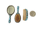 Antique Vtg Metal Enamel Vanity Set  2-3 4  Mirror Brush   Comb Floral Design