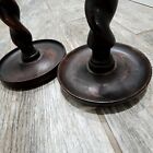 Antique English Oak Barley Twist Candlesticks Pair With Brass Candle Cups 