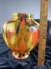 Large 11    Antique Bohemian Czech Orange Yellow Blue Splatter Glass Vase Art Deco