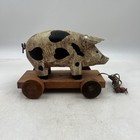 Vintage Country Pull Toy Pig Hog Folk Art Wooden Hearts Primitive Rustic