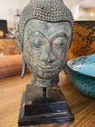 14  Antique Thai Siam Bronze Buddha Head Sculpture Statue On Custom Marble Stand