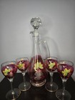 Vintage Mcm Hand Painted Cranberry Wine Decanter W Stopper  4 Wine Glass Set