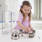 Kids Stainless Steel Tea Set 11 Pcs Pretend Play W  Storage Rack Tea Parties New