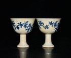 3 3  Old Antique Ming Chenghua Mark Porcelain Blue White Flower Bird A Pair Cups