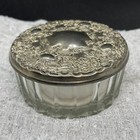 Vintage Ornate Dresser Box Silver Plate   Glass Powder Box W  Puffer Inside