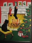 1950s Vintage Greeting Card Christmas Flocked Cat By Fireplace  Xmas Tree