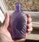 1890s Pretty Amethyst Ribbed   Diamond Quilted Small Pocket Whiskey Flask As Is