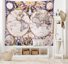 World Map Tapestry  Antique Map With Farmers Field Sun Birds Clouds Fantasy S   