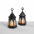 B89 Set Of 2 Moroccan Brass Mini Lanterns Hexagonal Frosted-glass Candle Holders