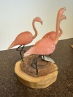 Vtg John Perry Pink Flamingo Sculpture 1982 Burl Wood Base Resin Birds Signed