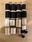 1 Pound  lot Of 19  Vintage Wood Spools With Sewing Thread In Black  White   Tan