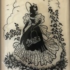 Vintage Reverse Painted Silhouette Convex Bubble Glass Picture 4x5 Lady W flower