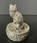 Vintage Pewter Cat Trinket Box Feline Keepsake Jewelry Holder Velvet Interior