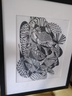 Original Abstract Pen   Ink Drawing 8x10 Framed Black White Geometric Modern Art