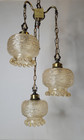 Vintage 1960s 3-tier Swag Lamp Amber Iridescent Beaded Beehive Glass Globe shade