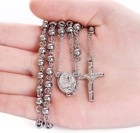 Rosary Catholic Necklace Stainless Steel 6mm Beads Holy Medal   Crucifix 32inch