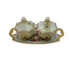 Vtg Dominie s Collection Vanity Tray Set Green   Gold Floral Porcelain Ceramic